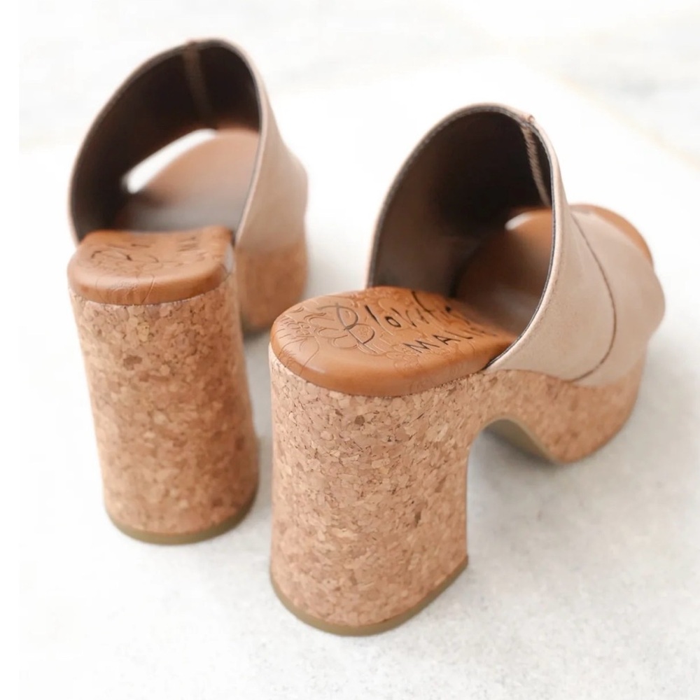 Neutral Beige Cork Platform Mules - Women's Slip-On Heels - Picture 3 of 8